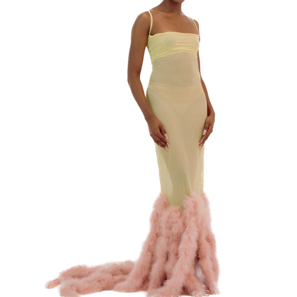 Cream and Pink Bodycon Midi Dress Spaghetti Strap Cocktail - Picture 4 of 5